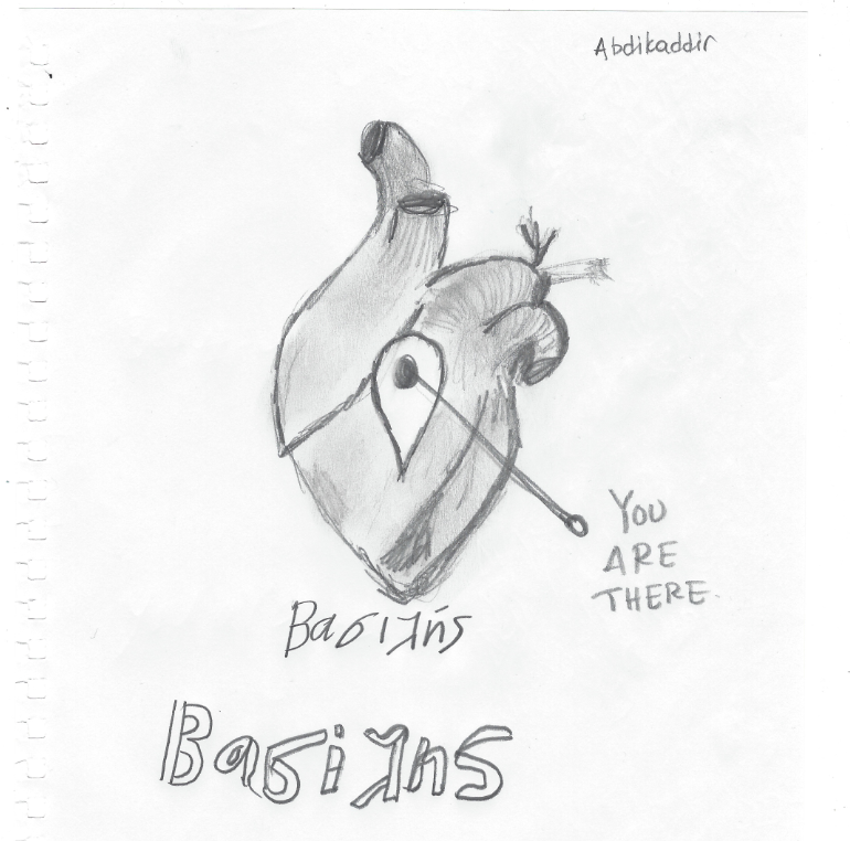A drawing of a heart, black and white, with a location pin and a message saying: "you are here"