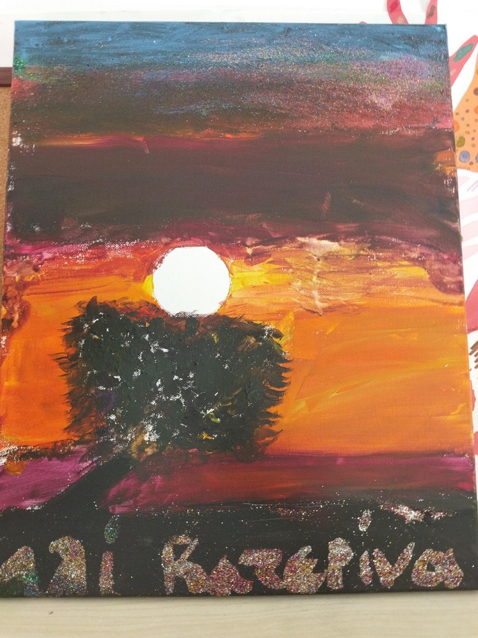 a painting depicting a sunset