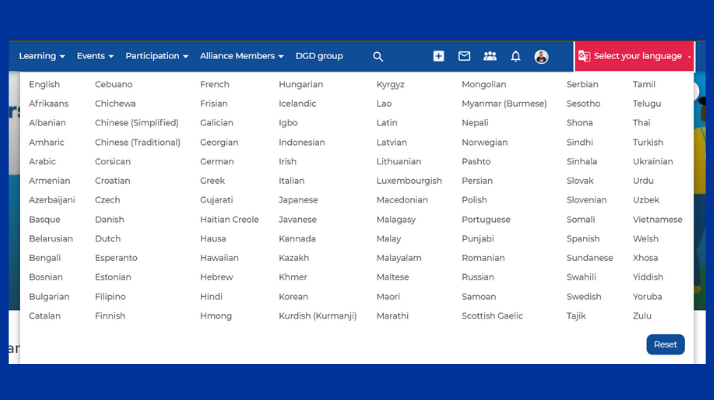 A screenshot of the Changemakers page, displaying a dropdown menu showing a list of languages.